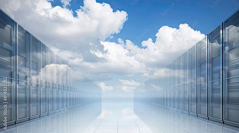 Poster cloud computing concept, high speed servers streaming data to a cloud, symbolic visual
