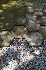 outdoor concrete paving floor with a hexagon shape, filled with moss, with a little gravel beside it