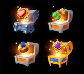 Obraz premium Vintage wooden and stone glowing chests with magic gem amulets, golden ring, earrings, pendant vector set, game rewards