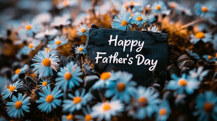 Charming Father's Day greeting card background with Happy Father's Day handwritten in white chalk on dark blue slate plaque in a field of daisy flowers. Heartfelt 8k fatherhood celebration banner - Powered by Adobe