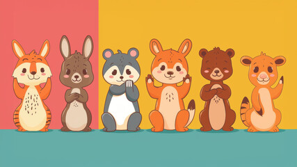 Fototapeta premium A Group of Cartoon Animal Friends, Including a Rabbit, Fox, Otter, and Others, Standing Together, Colorful and Cheerful on a Split Background
