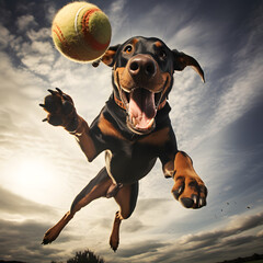 Dog jumping happily in the air catching a ball. Rottweiler training with ball.	