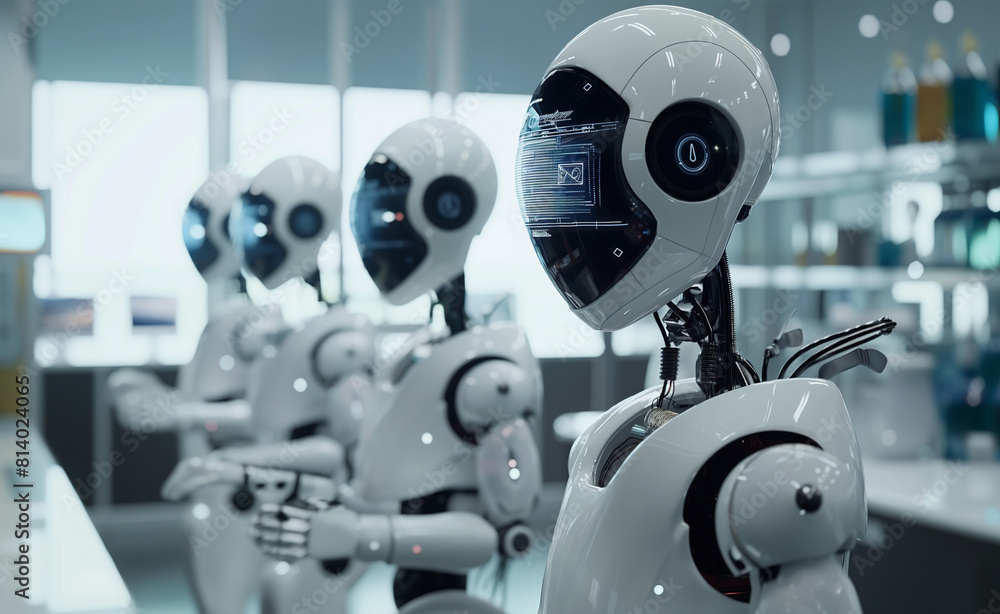 Poster engineers and ai: a cutting-edge laboratory scene with humanoid robots