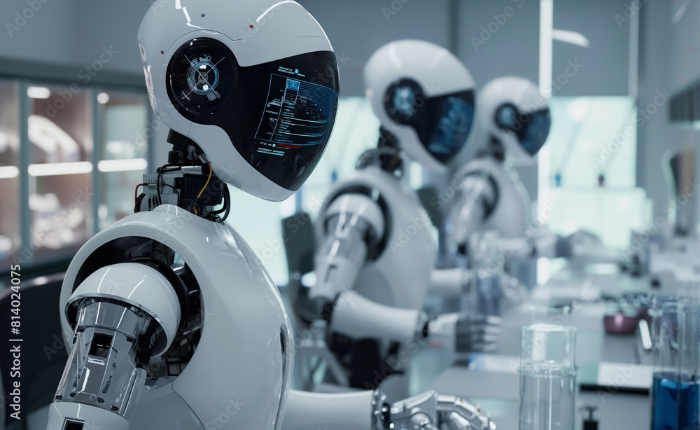 Poster engineers and ai: a cutting-edge laboratory scene with humanoid robots