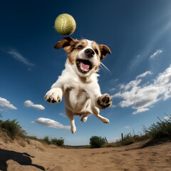 Dog jumping happily in the air catching a ball. Terrier training with ball.	