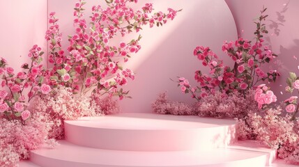 Elegant podium with floral rose theme, pink 3D spring beauty display, luxurious garden and summer flower background AI Generative hyper realistic 