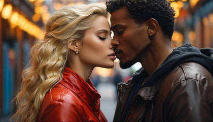 A young interracial couple kisses - Powered by Adobe