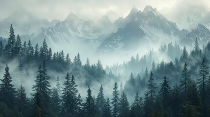 Fantasy landscape with mountains and forest in fog. Digital painting. created with generative AI technology. hyper realistic 