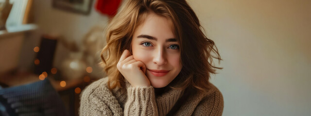 Fototapeta premium A young woman in a sweater posing for a photo.