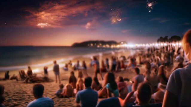 Crowd watching fireworks and celebrating. Party beach. Blurred people having night beach party in summer vacation. Bokeh People have fun at sunset on a beach. Concept of nightlife