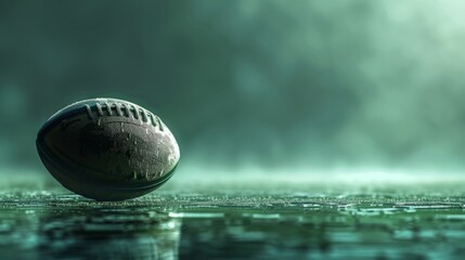 A large shot of a rugby ball with dirt and scratches, on a green background with a large copy area on the right.