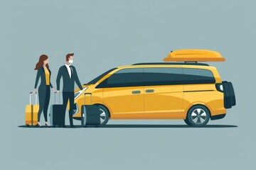 A man and a woman standing next to a yellow van. Suitable for travel and transportation concepts