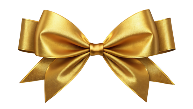 Elegant Gold Ribbon Bow - A high-resolution image of a shiny gold ribbon bow, perfectly tied, isolated on a transparent background, emphasizing luxury and celebration.
