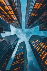 Urban landscape with tall buildings illuminated at night. Suitable for cityscape backgrounds