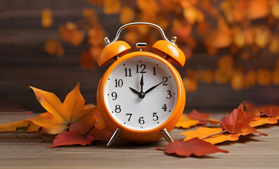 Classic alarm clock over spring flowers background. Daylight saving time reminder. Spring natural background with first flowers. Blooming crocus flowers. Spring time change background.