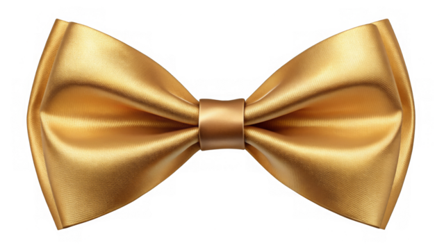 Classic Gold Bow Tie - A classic bow tie shape crafted from gold satin ribbon, isolated on a transparent background, perfect for formal attire representations.
