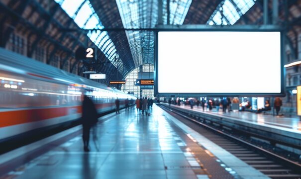 Mockup display in railway station. Blank board on underground platform. Empty business billboard in metro. Marketing mock up banner in subway. Template poster in city street.