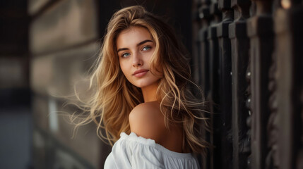 Naklejka premium A beautiful blonde woman leaning against a fence.