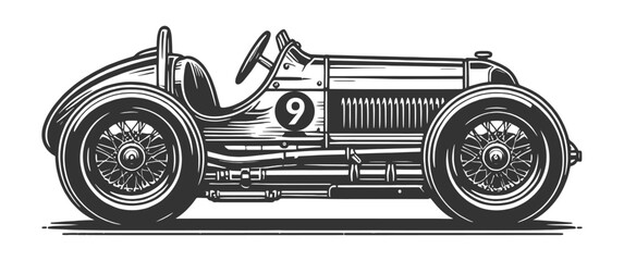 classic race car, capturing the speed and elegance of historic motorsports sketch engraving generative ai vector illustration. Scratch board imitation. Black and white image.