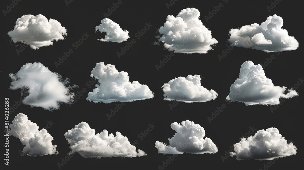 Poster a collection of various clouds on a black background. suitable for graphic design projects
