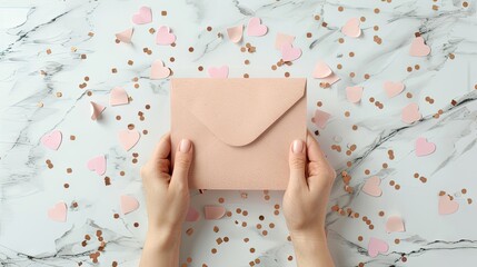 Delicate Pink Envelope Clutched in Hands on Elegant Marble