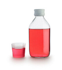 Medical for throat in glass bottle and measuring cup isolated.