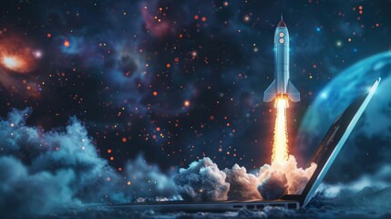 Launching Space Rocket From Laptop Screen. Generative AI hyper realistic 