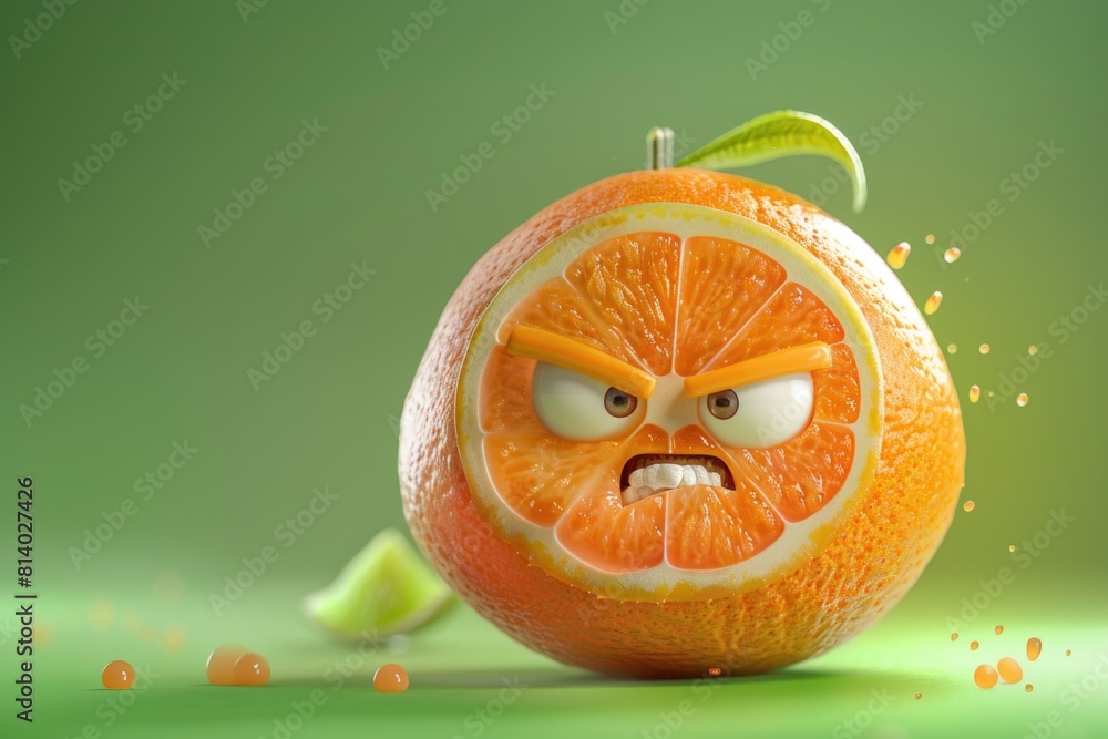 Poster a close-up image of an orange with an angry facial expression. perfect for food or emotion-related p