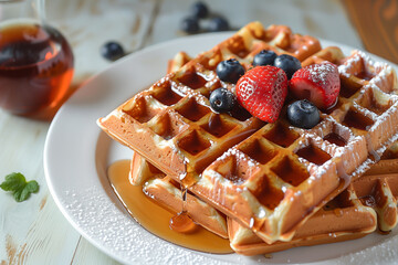 Belgian waffles. Gofres waffles with syrup and strawberries and blueberries lie on a white plate on a white wooden table