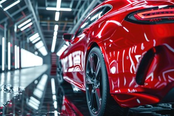 Close-up of a red sports car in a garage. Suitable for automotive industry promotions