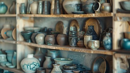 A collection of handmade pottery displayed on a shelf, each piece a unique work of art