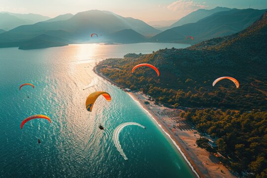 A group of paragliders soaring over a serene body of water. Ideal for outdoor sports and adventure concepts