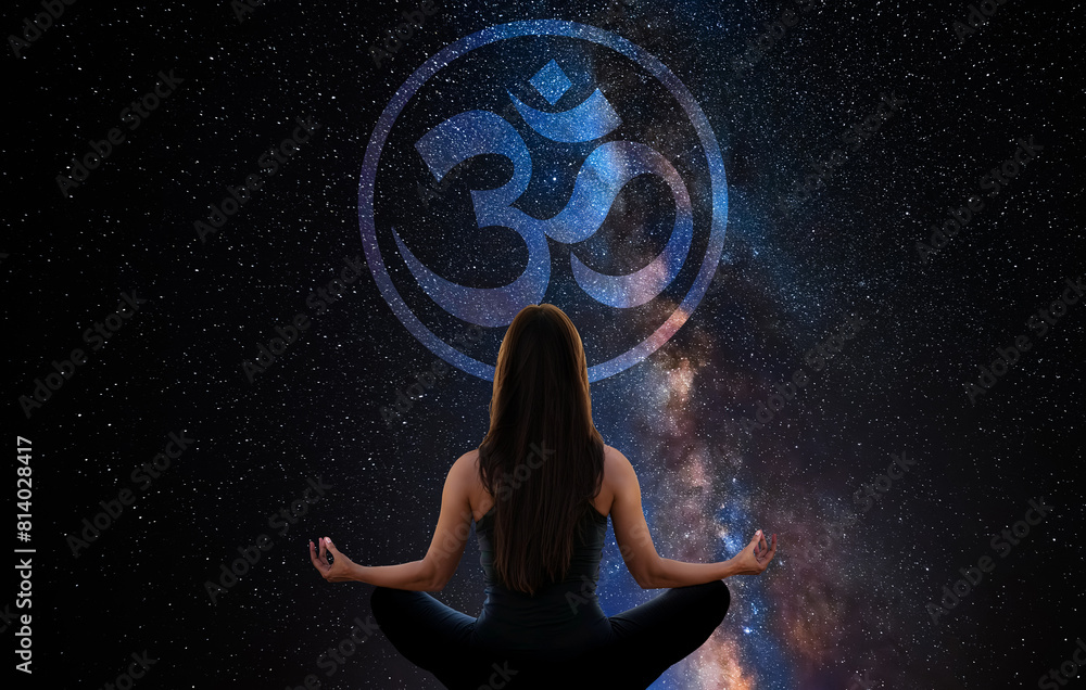 Wall mural woman meditating with the universe in the background with buddhist om sign