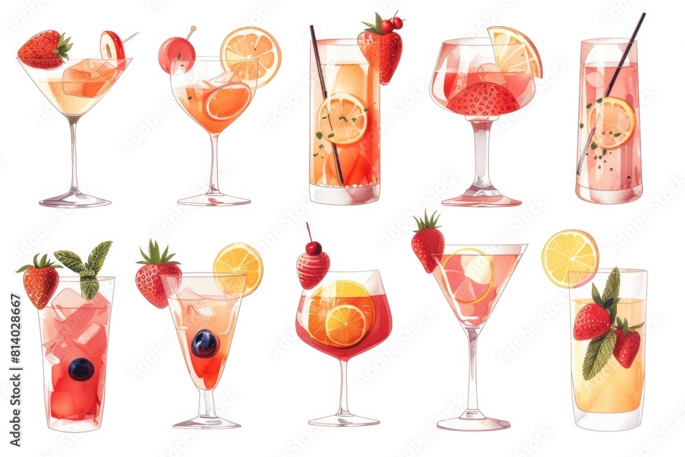 Poster collection of different types of drinks. suitable for menus or beverage advertisements