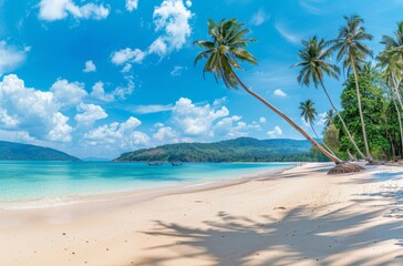A serene beach landscape with sandy shore, coconut palms, and a clear blue sky, perfect for themes of travel and tropical holidays.