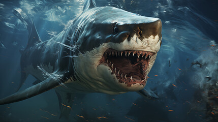 Obraz premium Get up close and personal with the ocean's apex predator the mighty shark. This stunning close-up footage captures every detail of the shark as it glides effortlessly through the water.