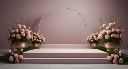 Podium background flower rose product pink 3d spring table beauty stand display nature white. Garden rose floral summer background podium cosmetic valentine easter field scene gift purple day romantic