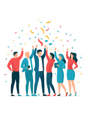 Visual Illustration of a Team of Tech Startup Team Celebrating a Successful Product Launch With Confetti and High-fives, Vector Format