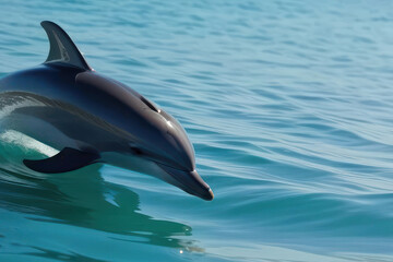 Fototapeta premium dolphin swims through crystal-clear blue waters. dolphin sleeks, streamlined body gliding effortlessly near the water's surface, highlighted by the sunlight reflecting off the ocean