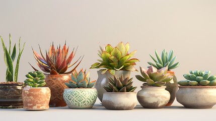A collection of succulent plants arranged in ceramic pots, adding a touch of greenery