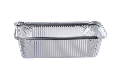 Empty disposable aluminium foil baking dish isolated on white background. single aluminum lunch box...