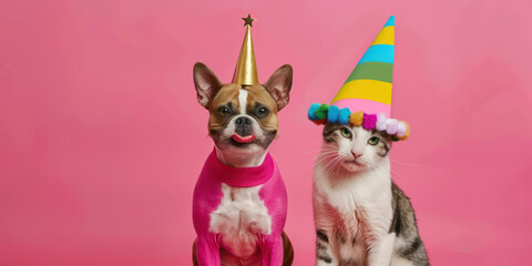 A dog and a cat in crazy party outfits with party hats
on pink background, advertising, creative party animal concept, copy space, birthday party invitation card
