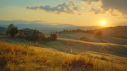 Tuscany landscape at sunrise with farm house and hills, Italy, timelapse. Vertical video hyper realistic 