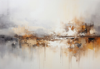 abstract composition with a distressed and weathered texture. Miix of earthy tones such as browns, beiges, and hints of rust, along with darker shades of gray and black. rough, textured