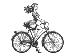 Obraz premium woman riding a classic bicycle, dressed in a chic outfit with heels sketch engraving generative ai fictional character vector illustration. Scratch board imitation. Black and white image.