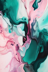 Teal and pink abstract watercolor background. Alcohol ink green and pink texture. Generative AI.