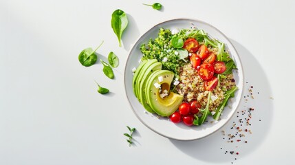 A plate of food with a salad, tomatoes, and avocado