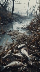 Dead fish washed ashore in a polluted wetland