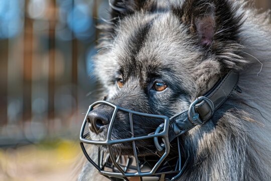 Close up of a dog wearing a muzzle, suitable for pet safety awareness campaigns