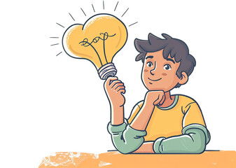 A cartoon illustration with a white background. A student is sitting in the middle, happily brainstorming new ideas.